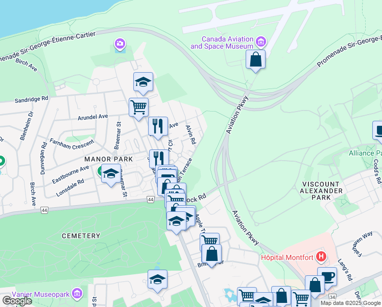 map of restaurants, bars, coffee shops, grocery stores, and more near 312 London Terrace in Ottawa