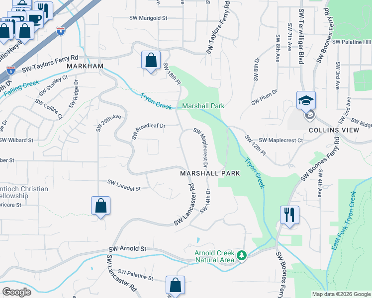 map of restaurants, bars, coffee shops, grocery stores, and more near 1620 Southwest Maplecrest Drive in Portland