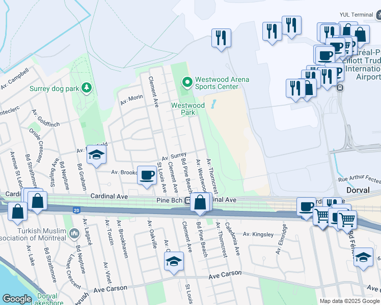 map of restaurants, bars, coffee shops, grocery stores, and more near 1301 Avenue Surrey in Dorval