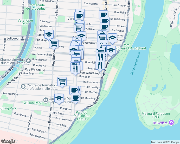 map of restaurants, bars, coffee shops, grocery stores, and more near 349 Rue Woodland in Montreal