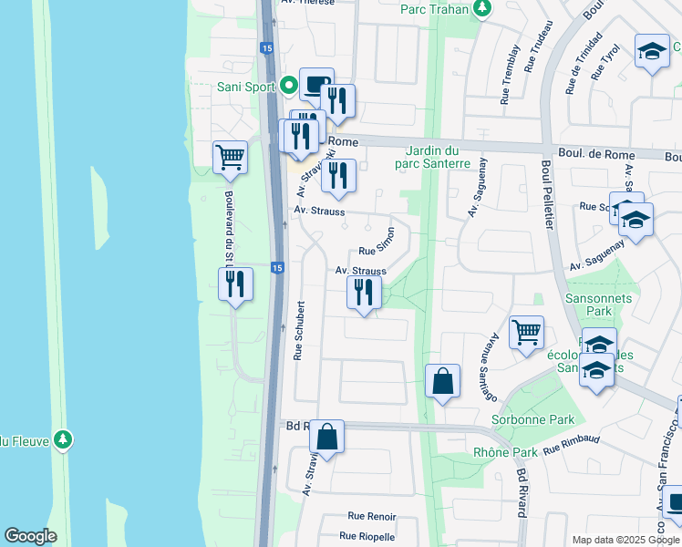 map of restaurants, bars, coffee shops, grocery stores, and more near 1170 Avenue Strauss in Brossard