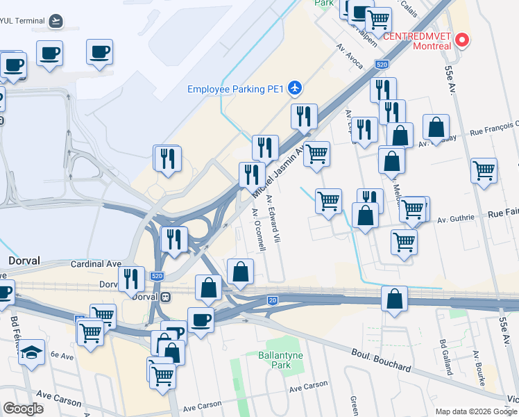 map of restaurants, bars, coffee shops, grocery stores, and more near 625 Avenue O'connell in Dorval