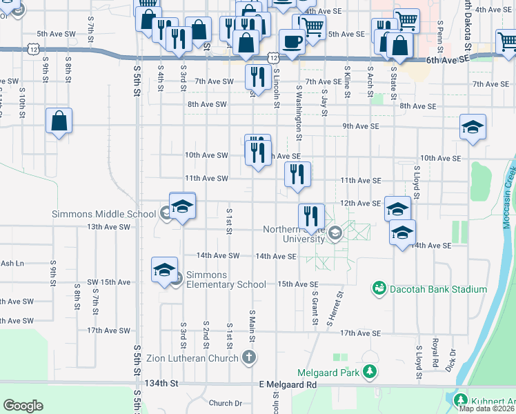 map of restaurants, bars, coffee shops, grocery stores, and more near 1122 South Main Street in Aberdeen