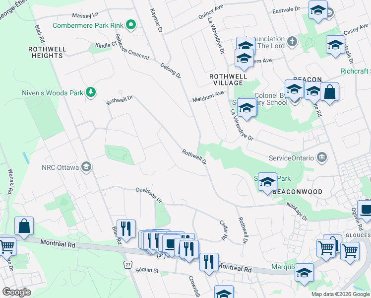 map of restaurants, bars, coffee shops, grocery stores, and more near 1 Delong Drive in Ottawa