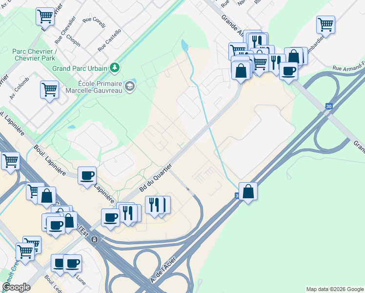 map of restaurants, bars, coffee shops, grocery stores, and more near 5905 Boulevard du Quartier in Brossard