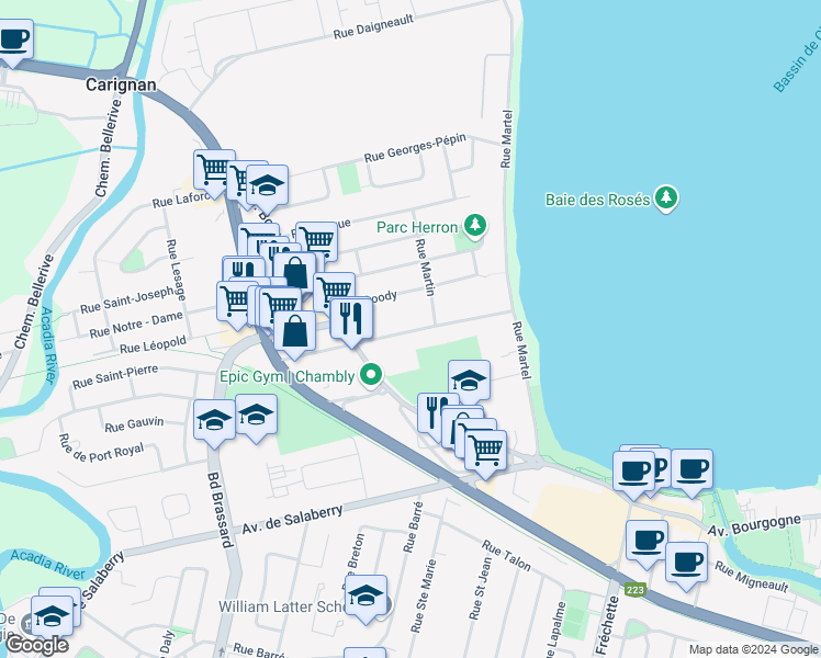 map of restaurants, bars, coffee shops, grocery stores, and more near 169A Rue Saint-Pierre in Chambly