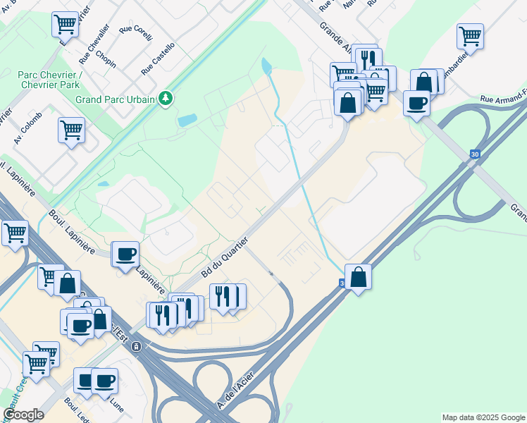 map of restaurants, bars, coffee shops, grocery stores, and more near 5905 Boulevard du Quartier in Brossard