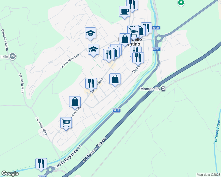 map of restaurants, bars, coffee shops, grocery stores, and more near 19 Stradella Muzzi in Montebello Vicentino