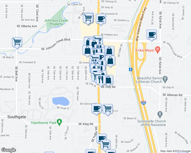 map of restaurants, bars, coffee shops, grocery stores, and more near 9603 Southeast 82nd Avenue in Portland