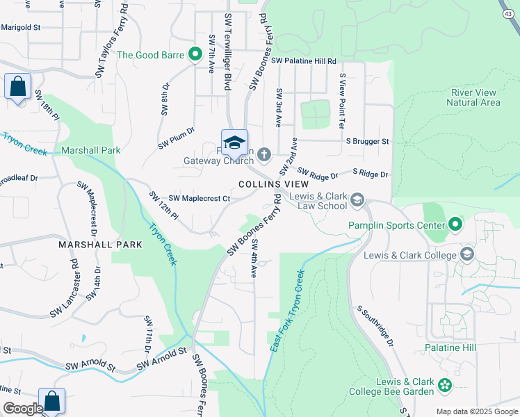 map of restaurants, bars, coffee shops, grocery stores, and more near 460 Southwest Maplecrest Drive in Portland