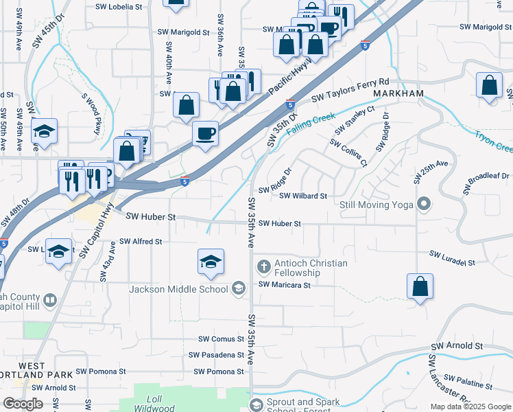 map of restaurants, bars, coffee shops, grocery stores, and more near 10016 Southwest 35th Avenue in Portland
