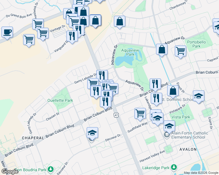map of restaurants, bars, coffee shops, grocery stores, and more near 551 Louis Toscano Drive in Ottawa