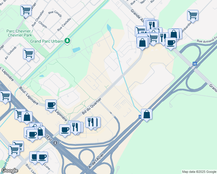 map of restaurants, bars, coffee shops, grocery stores, and more near 5505 Boulevard du Quartier in Brossard