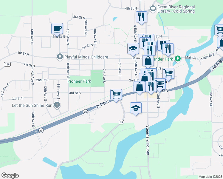map of restaurants, bars, coffee shops, grocery stores, and more near 615 3rd Street South in Cold Spring