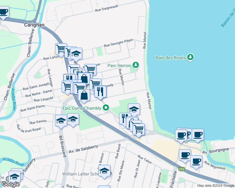map of restaurants, bars, coffee shops, grocery stores, and more near 169A Rue Saint-Pierre in Chambly