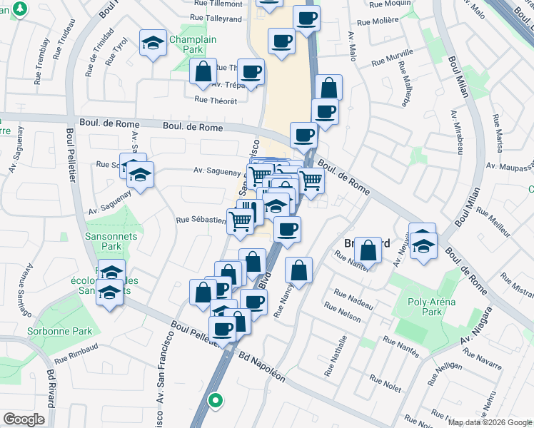 map of restaurants, bars, coffee shops, grocery stores, and more near 7900 Boulevard Taschereau in Brossard