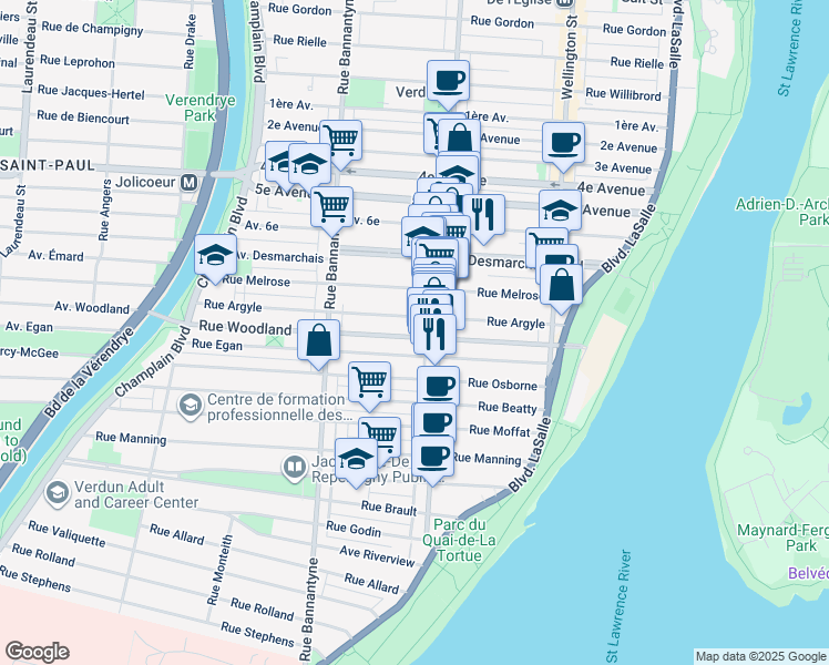 map of restaurants, bars, coffee shops, grocery stores, and more near 629 Rue Woodland in Montréal