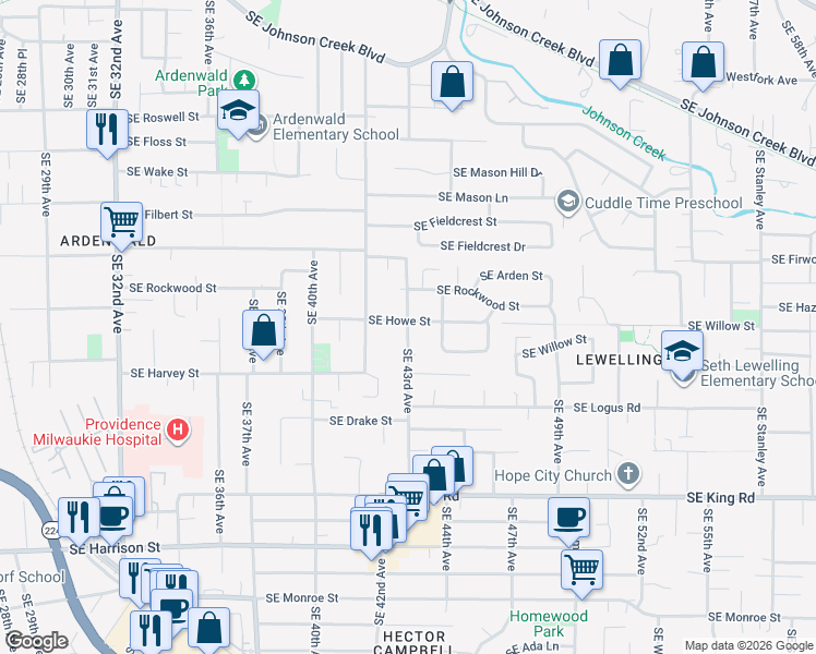 map of restaurants, bars, coffee shops, grocery stores, and more near 9665 Southeast 43rd Avenue in Milwaukie