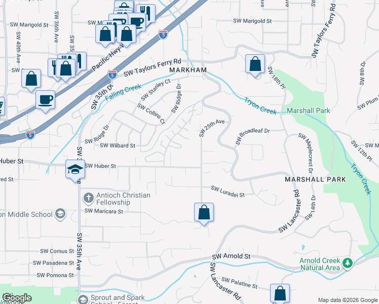 map of restaurants, bars, coffee shops, grocery stores, and more near 10001 Southwest 25th Avenue in Portland