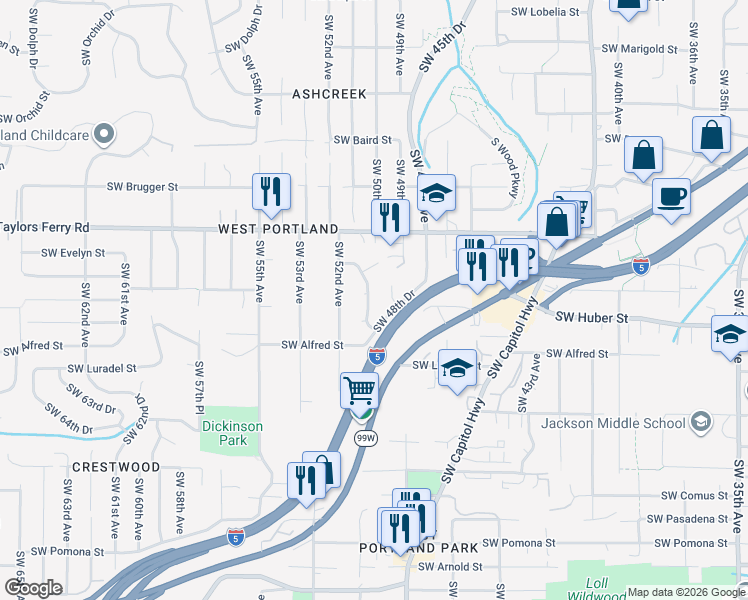 map of restaurants, bars, coffee shops, grocery stores, and more near 10024 Southwest 50th Avenue in Portland