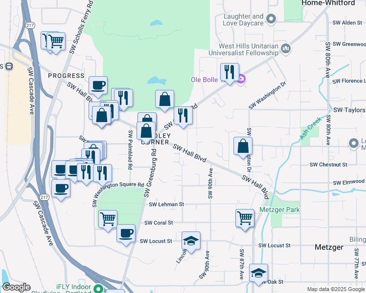 map of restaurants, bars, coffee shops, grocery stores, and more near 9360 Southwest Hall Boulevard in Portland