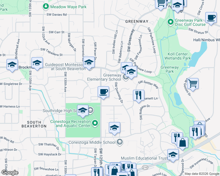 map of restaurants, bars, coffee shops, grocery stores, and more near 9255 Southwest Downing Drive in Beaverton