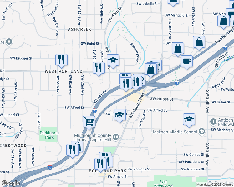 map of restaurants, bars, coffee shops, grocery stores, and more near 4647 Southwest Huber Street in Portland