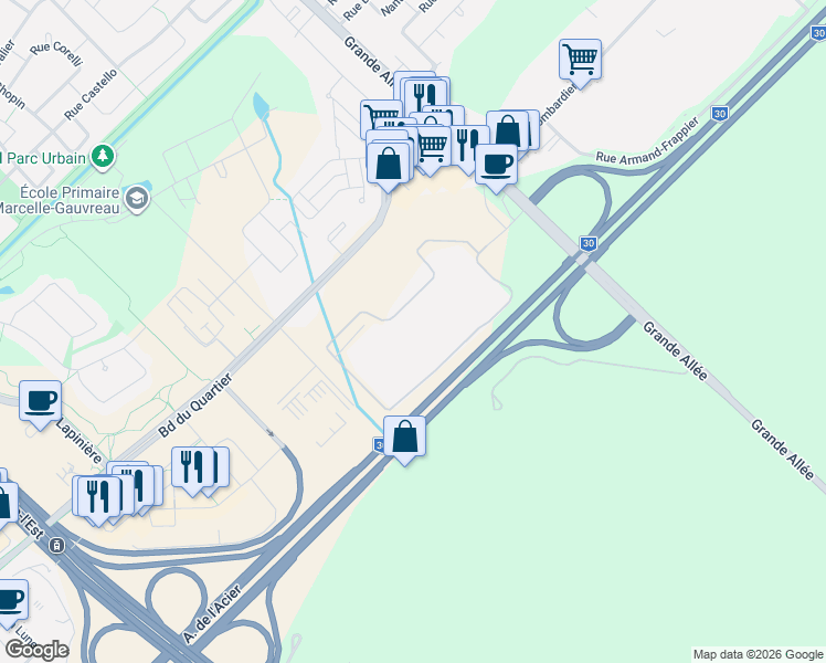 map of restaurants, bars, coffee shops, grocery stores, and more near 5405 Place de la Couronne in Brossard