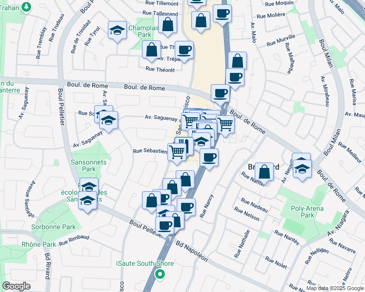 map of restaurants, bars, coffee shops, grocery stores, and more near 7800 Boulevard Taschereau in Brossard