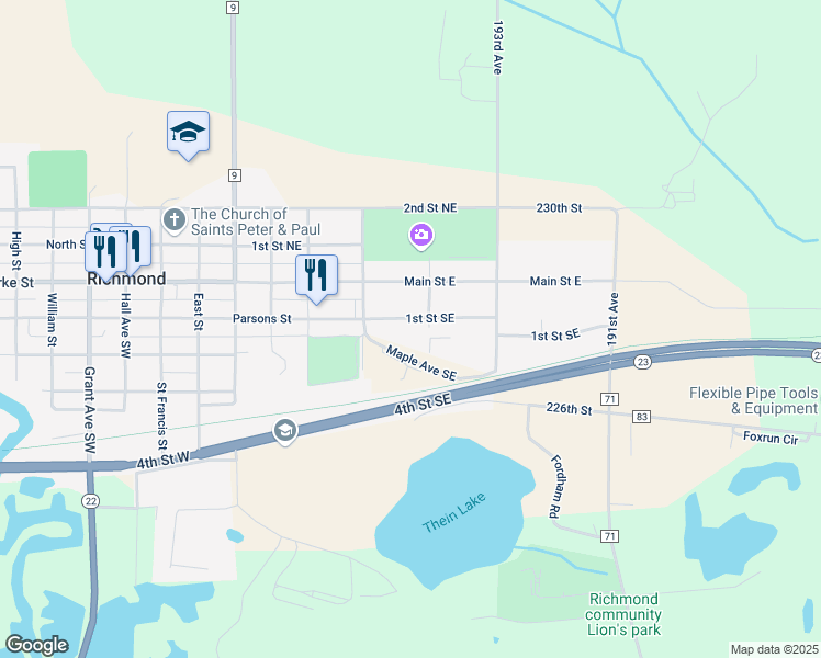 map of restaurants, bars, coffee shops, grocery stores, and more near 525 1st Street Southeast in Richmond
