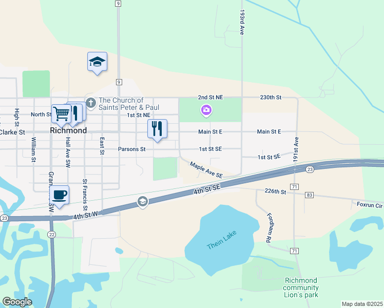 map of restaurants, bars, coffee shops, grocery stores, and more near 525 1st Street Southeast in Richmond