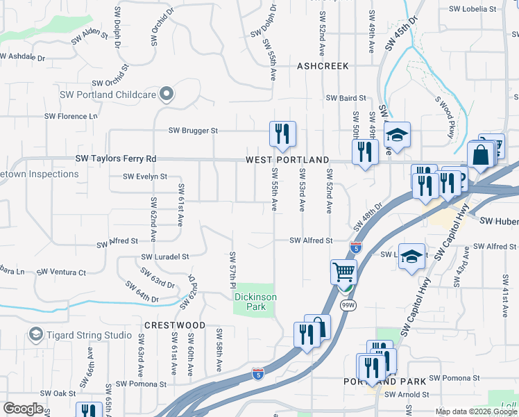 map of restaurants, bars, coffee shops, grocery stores, and more near 5544 Southwest Wilbard Street in Portland