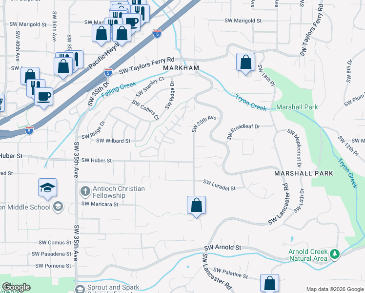 map of restaurants, bars, coffee shops, grocery stores, and more near 10001 Southwest 25th Avenue in Portland