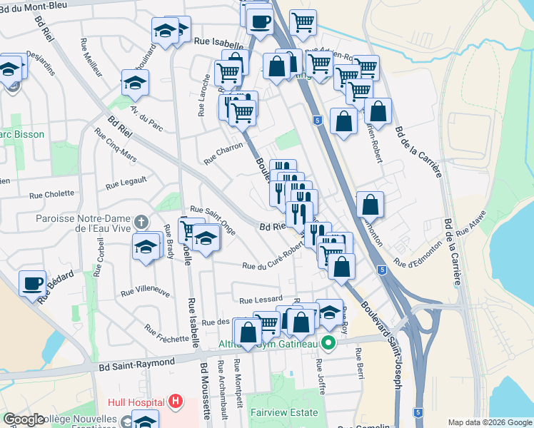 map of restaurants, bars, coffee shops, grocery stores, and more near 107 A Rue Valin in Gatineau