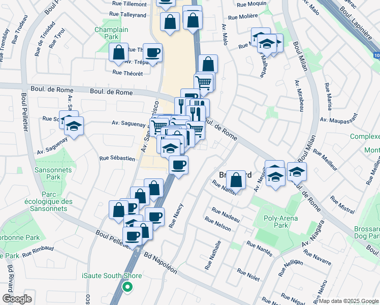 map of restaurants, bars, coffee shops, grocery stores, and more near 7845 Boulevard Taschereau in Brossard