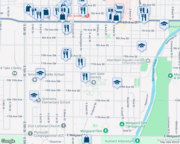 map of restaurants, bars, coffee shops, grocery stores, and more near 1200 South Jay Street in Aberdeen