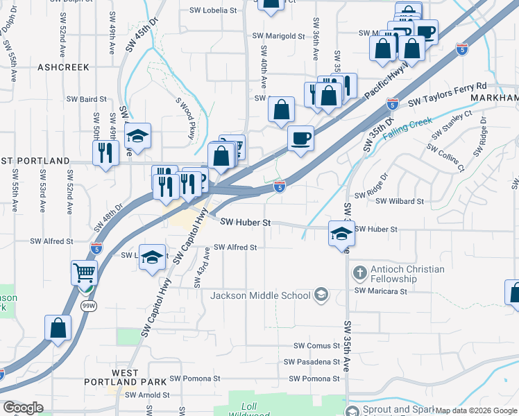map of restaurants, bars, coffee shops, grocery stores, and more near 10015 Southwest 40th Avenue in Portland