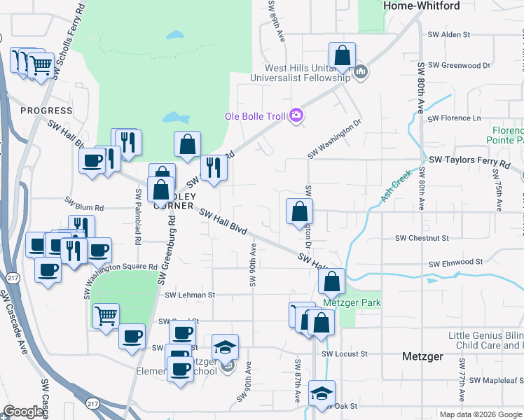 map of restaurants, bars, coffee shops, grocery stores, and more near 9239 Southwest Claridge Drive in Tigard