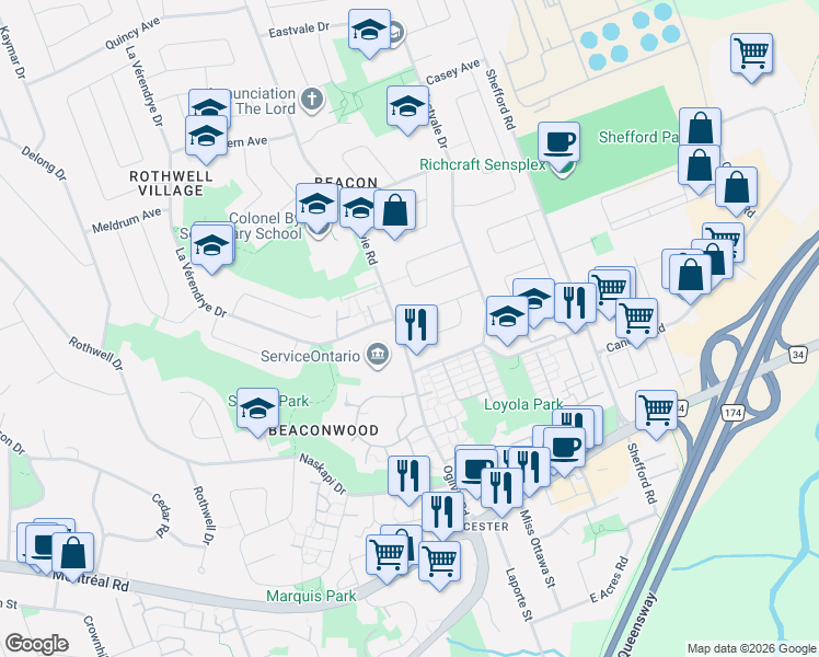 map of restaurants, bars, coffee shops, grocery stores, and more near 2336 Ogilvie Road in Ottawa