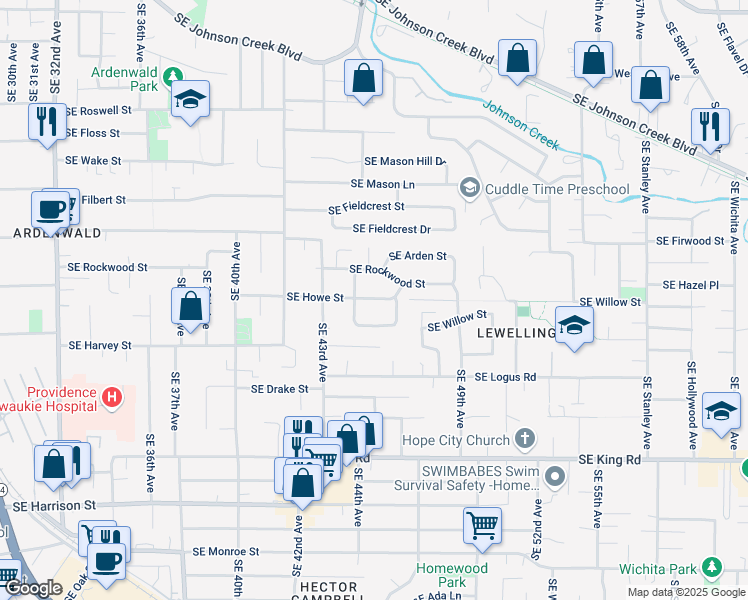map of restaurants, bars, coffee shops, grocery stores, and more near 4515 Southeast Howe Street in Milwaukie