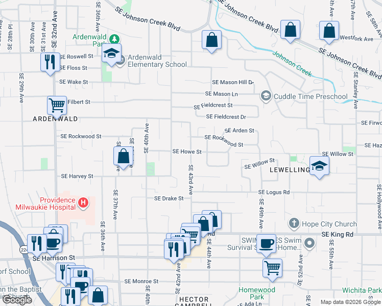 map of restaurants, bars, coffee shops, grocery stores, and more near 9665 Southeast 43rd Avenue in Milwaukie