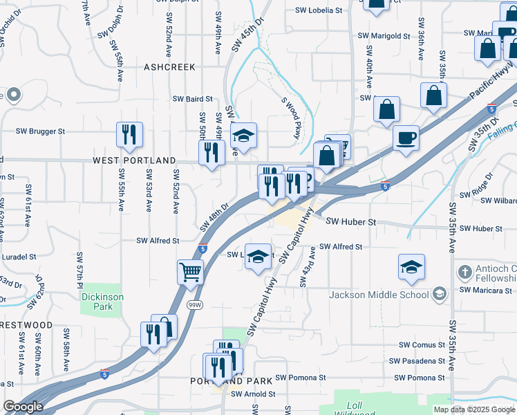 map of restaurants, bars, coffee shops, grocery stores, and more near 4647 Southwest Huber Street in Portland