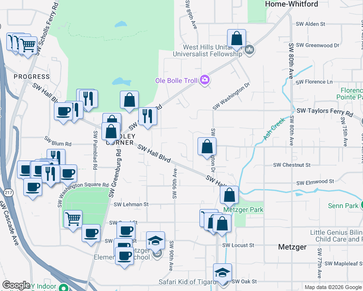 map of restaurants, bars, coffee shops, grocery stores, and more near 9271 Southwest Claridge Drive in Tigard