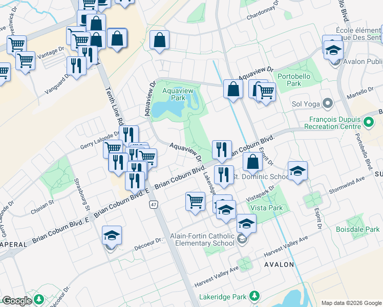 map of restaurants, bars, coffee shops, grocery stores, and more near 271 Aquaview Drive in Ottawa