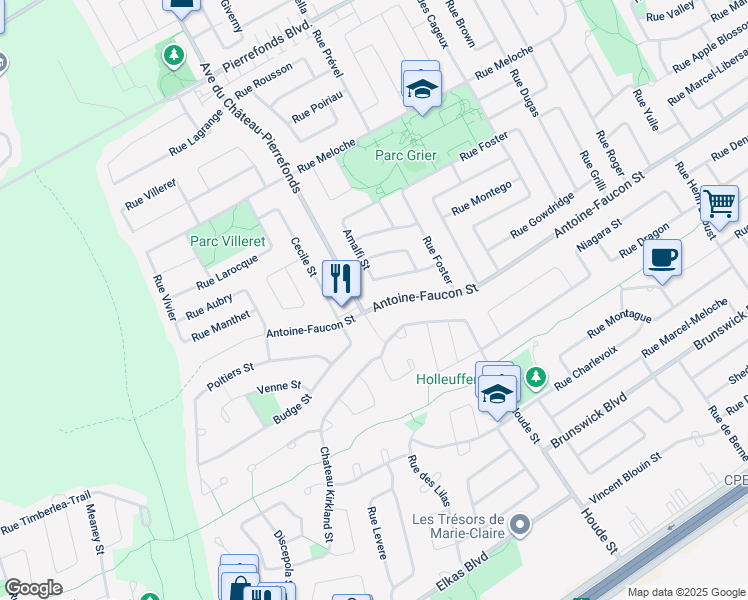 map of restaurants, bars, coffee shops, grocery stores, and more near 18101 Antoine Faucon Street in Montreal