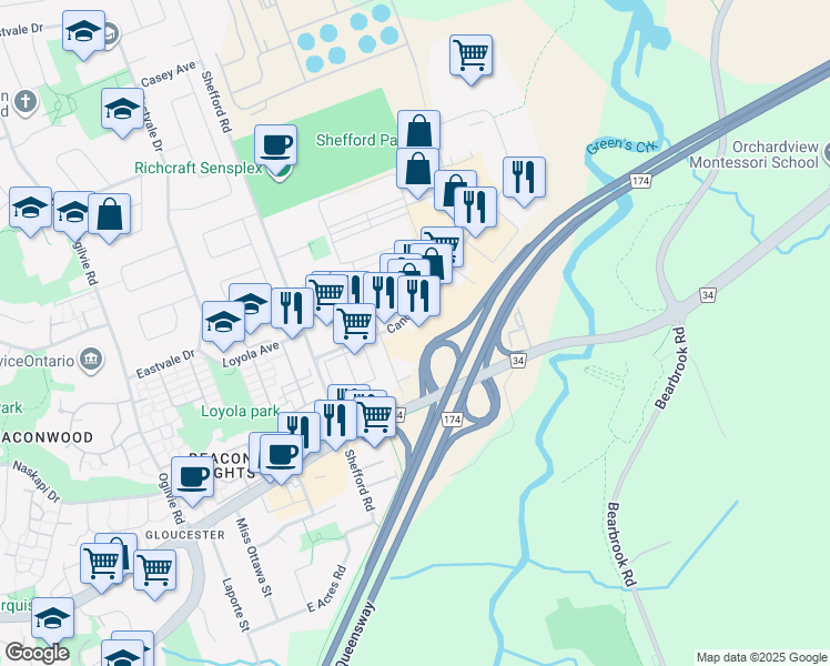 map of restaurants, bars, coffee shops, grocery stores, and more near 5330 Canotek Road in Ottawa