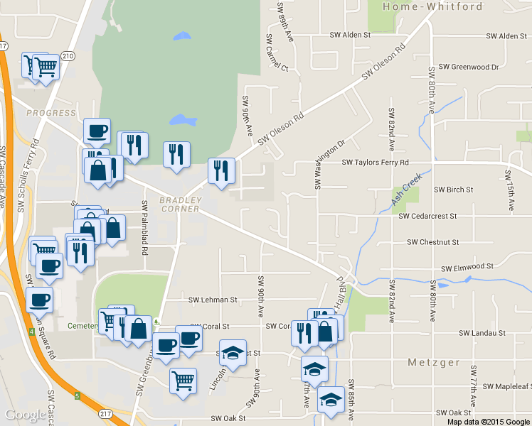 map of restaurants, bars, coffee shops, grocery stores, and more near 9239 Southwest Claridge Drive in Tigard