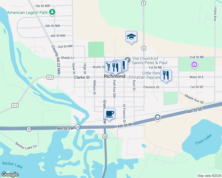 map of restaurants, bars, coffee shops, grocery stores, and more near 145 1st Street Southwest in Richmond