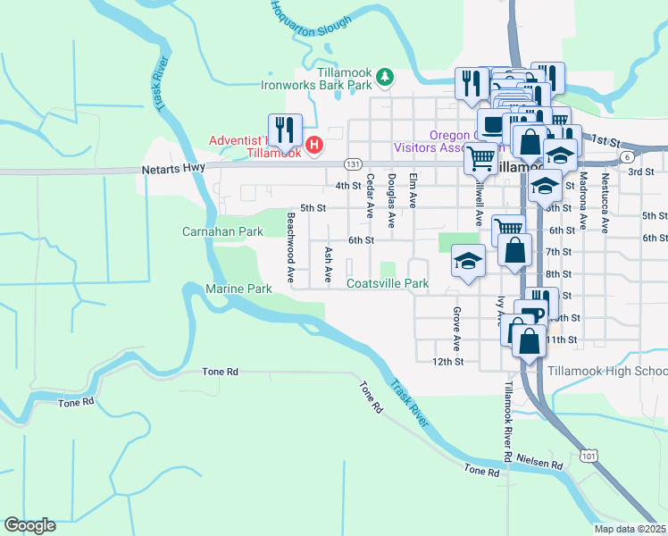 map of restaurants, bars, coffee shops, grocery stores, and more near 608 Ash Avenue in Tillamook