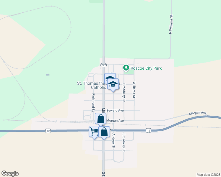 map of restaurants, bars, coffee shops, grocery stores, and more near 105 1st Avenue Northeast in Roscoe